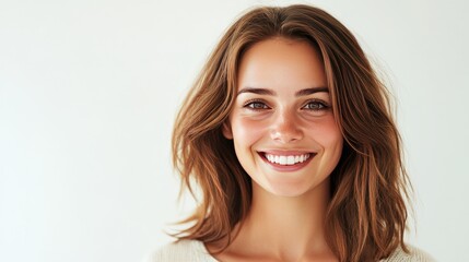 A bright, joyful young woman sharing her radiant smile in a soft-lit indoor space during the afternoon