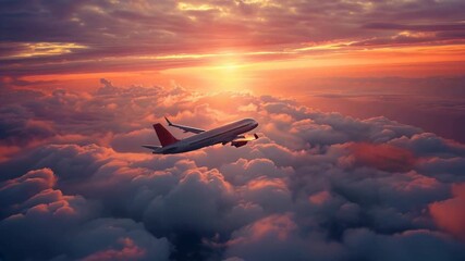 Plane flying in the sky at sunset. Passengers and tourists go travelling on vacation
