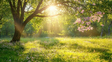 Obraz premium Sunbeams through trees in a meadow.