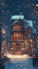 Obraz premium Anime-Style Enchanted Winter Solstice Fairy Tale Bookstore: A Cozy Haven Filled with Magical Stories for the Festive Season, Perfect for Gaming Art and Storybook Illustrations in 4K Christmas 