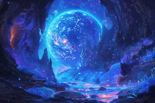 A blue planet with a bright star in the center - Powered by Adobe