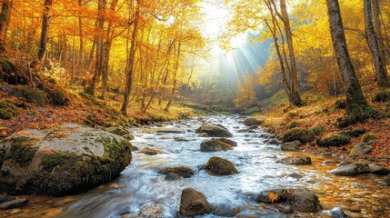 Autumn Stream in a Golden Forest.