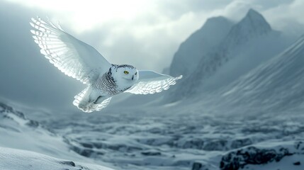 A majestic snow owl gracefully flies over a snowy landscape. The image captures the beauty of nature and wildlife. Perfect for nature lovers and bird enthusiasts. AI