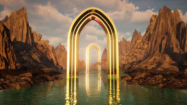 Majestic golden arches in crystal clear water. Stunning panorama of the landscape with mountains reflected in the water