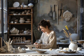 Female artist sculpting pottery at worktable in ceramic studio creating handmade ceramics