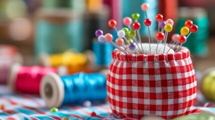 This image features a vibrant and colorful sewing kit. It includes a pincushion, bright sewing threads, and decorative pins. Perfect for crafting and sewing enthusiasts. AI