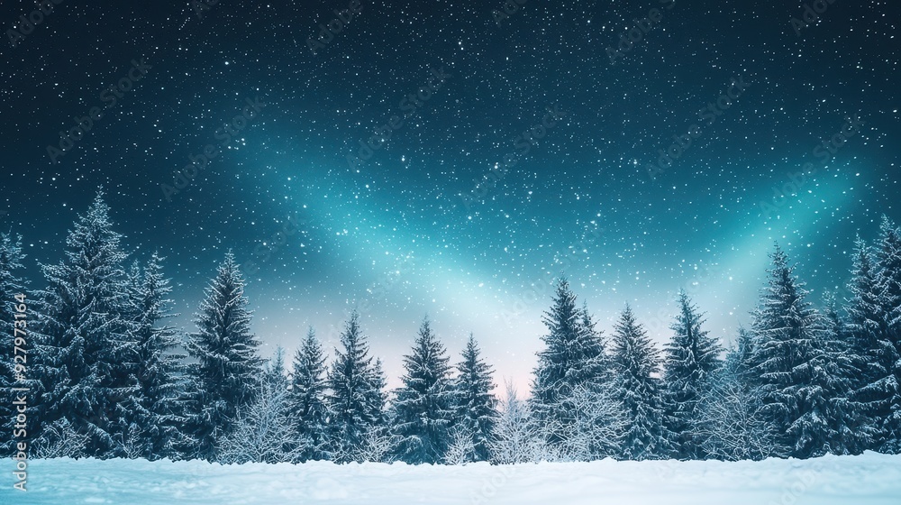 Wall mural snow-covered forest under a starry night sky.