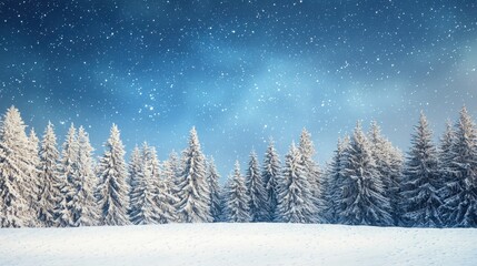 Naklejka premium Snowy Forest with a Starry Sky.