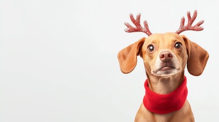 A cute dog wearing reindeer antlers and a red scarf, perfect for holiday and festive themes in photography.