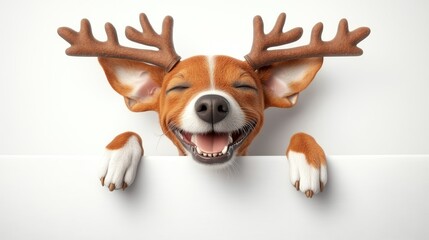 A cheerful dog with antlers peeks over a white background, radiating joy and playfulness, perfect...