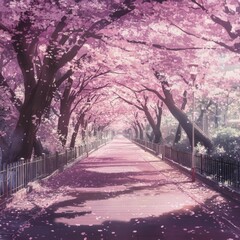 Fototapeta premium Blossom Embrace: Anime-Style Cherry Blossom Tunnel in Ueno Park, Tokyo, Echoing the Fleeting Encounter of Spring's Elegance,anime-style,illustration,Picture BooksFor Poster,Novel,UI,WEB,Game,Design