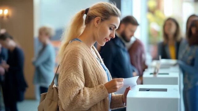 Woman voting in local elections and casting a ballot with her democratic candidate name