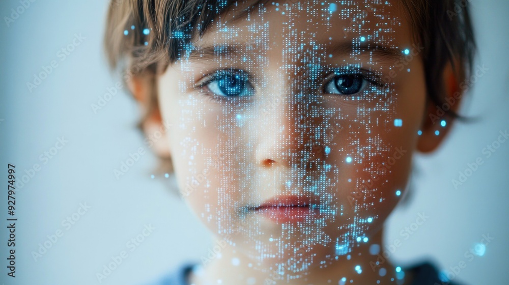 Wall mural child with color projection of digital code on face,technology and future.dark background.concept of