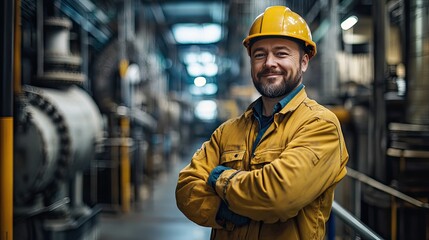 Smiling worker in a factory setting. This photo is ideal for representing industrial work, safety, and manufacturing.