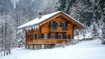 Cozy Wooden Cabin in Snowy Winter Landscape.