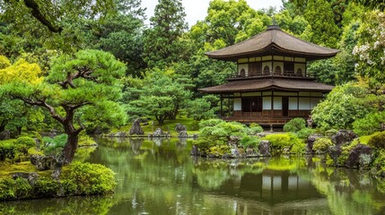 Tranquil Japanese Garden with Pagoda and Pond.