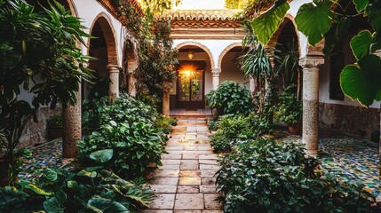 Fototapeta premium Sunlit Courtyard with Stone Arcades and Lush Greenery.