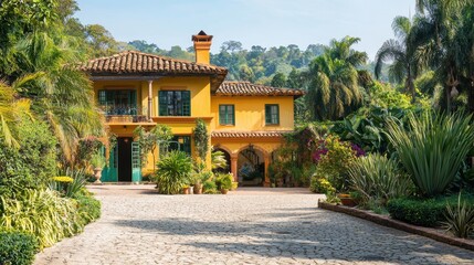 Obraz premium Yellow House With Tropical Garden.