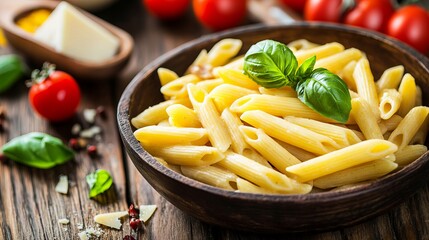 A plate of penne pasta with fresh basil, ripe tomatoes, and cheese in the background, set on a rustic wooden table.