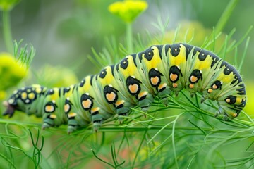 Naklejka premium Swallowtail caterpillar perched on dill plant in a garden, natural setting with green foliage