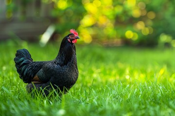 Black australorp chicken leisurely wandering in the lush green grassy yard environment