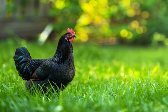 Black australorp chicken leisurely wandering in the lush green grassy yard environment