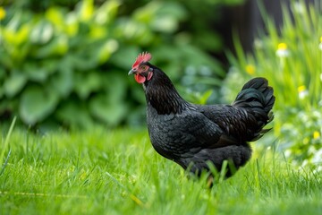 Black australorp chicken foraging and exploring in lush green grassy yard environment