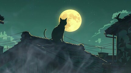 Cat on a rooftop gazing at the full moon on a mystical night with a fantasy atmosphere
 Seamless looping 4k time-lapse virtual video animation Generated AI - Powered by Adobe