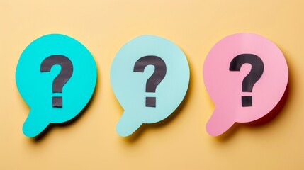 Colorful speech bubbles with question marks on a yellow background. These playful designs symbolize curiosity and inquiry. Perfect for a blog or educational purpose. AI