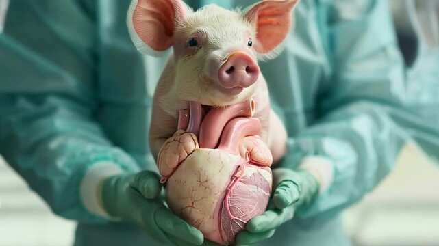 Scientist holds pig heart during research in laboratory setting