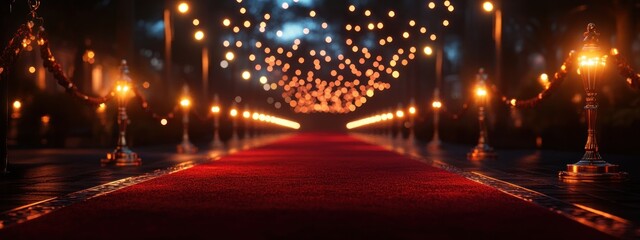 A red carpet is shown in a dark room with lights on.