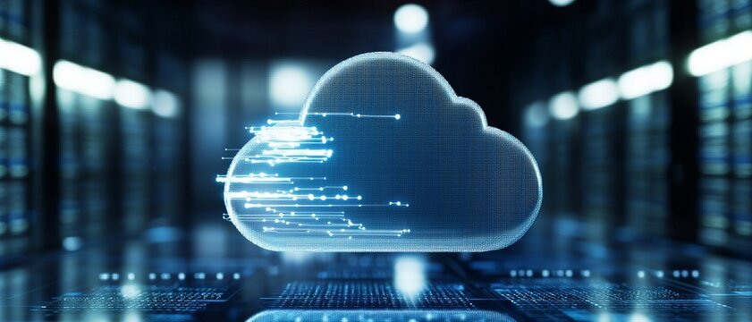 Abstract cloud computing concept with digital data streams in a modern server room. Ideal for technology and digital storage themes.