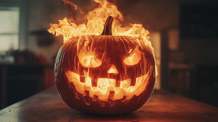 A sinister jack-o'-lantern with flames inside, jack o lantern, pumpkin, halloween, spooky, fun, trick or treat