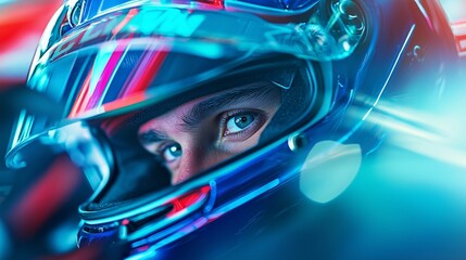A close-up of a touring car driver&rsquo;s intense expression, visible through the helmet and windshield during a race