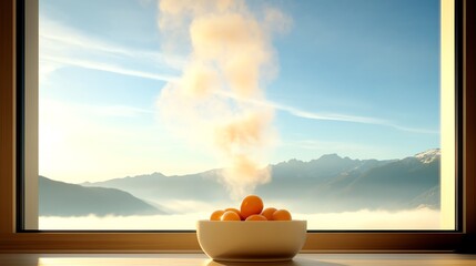 A serene view from a window featuring fresh fruits in a bowl, surrounded by misty mountains and soft clouds.