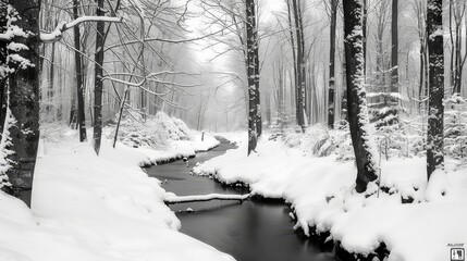 A black and white photo of a snowy forest with a river flowing through it. The river is frozen over in some parts.