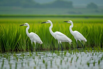 Elegant white egrets gracefully hunting and feeding in the abundant green rice fields