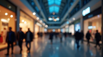 Shopping mall with people during night in blurred abstract background.