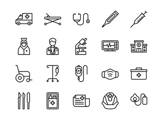 Medical icon set. Collection medical icon simple linear ambulance, doctor, hospital, injection. Editable vector stroke.