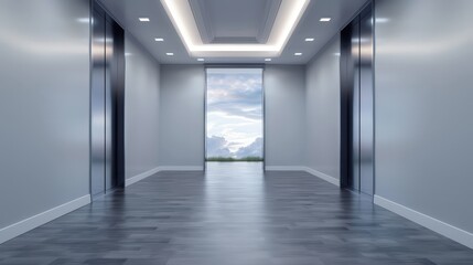 A large, empty hallway with a window and a view of the sky