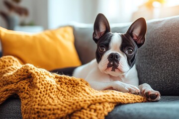 Cute French Bulldog resting on a couch. Perfect for pet blogs, websites, and social media posts about dogs.