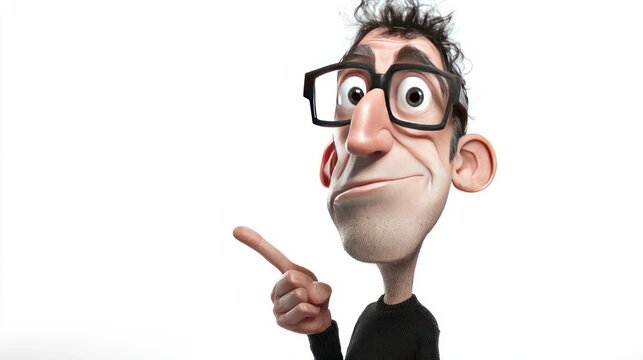 A cartoonish character with glasses, pointing and smiling, showcasing a playful demeanor.