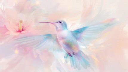 Fototapeta premium A colorful hummingbird is flying over a pink flower