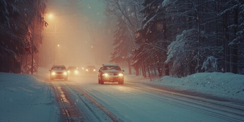 Cars driving on snowy road during a blizzard