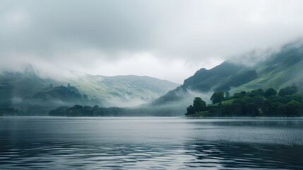 A misty lake nestled between rolling green hills, the water reflecting the clouds above.