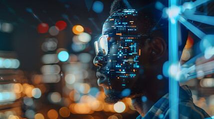 A man wears glasses while observing an augmented reality interface overlay in a futuristic cityscape adorned with neon lights. The modern scene is cyberinspired and teeming with innovation