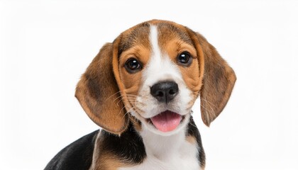 笑顔のビーグルの子犬のポートレート（Portrait of a smiling Beagle puppy on white background）
