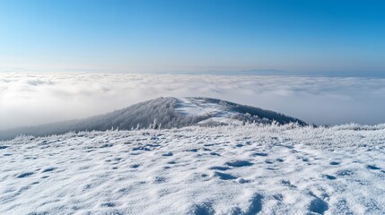 Breathtaking Landscape Photography of a Snowy Mountain Top with a Sea of Clouds, Captured with a Super Wideangle Lens for Super Clear, High Quality Clarity