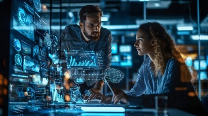 Futuristic Remote Office Cloud Collaboration & Real-Time Data Analysis