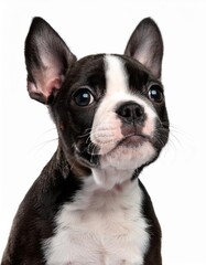 笑顔のボストン・テリアの子犬のポートレート（Portrait of a smiling Boston Terrier puppy on white background）
